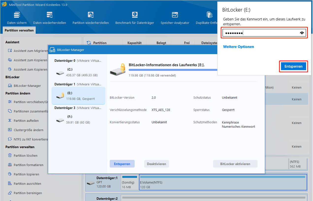 MiniTool Partition Wizard-Oberfläche mit geöffnetem BitLocker-Manager-Fenster und einem dritten Fenster oben rechts zur Kennworteingabe.