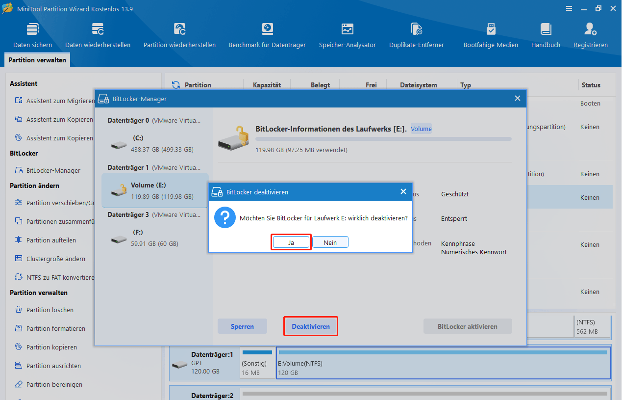 MiniTool Partition Wizard-Oberfläche mit BitLocker-Manager-Fenster zur Bestätigung des Vorgangs zum Deaktivieren von BitLocker.