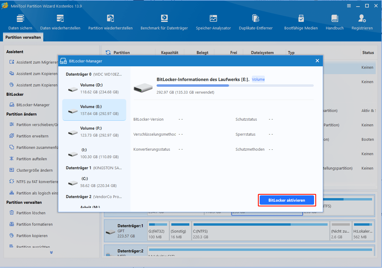 MiniTool Partition Wizard-Oberfläche mit geöffnetem BitLocker-Manager-Fenster und hervorgehobener Schaltfläche BitLocker aktivieren.