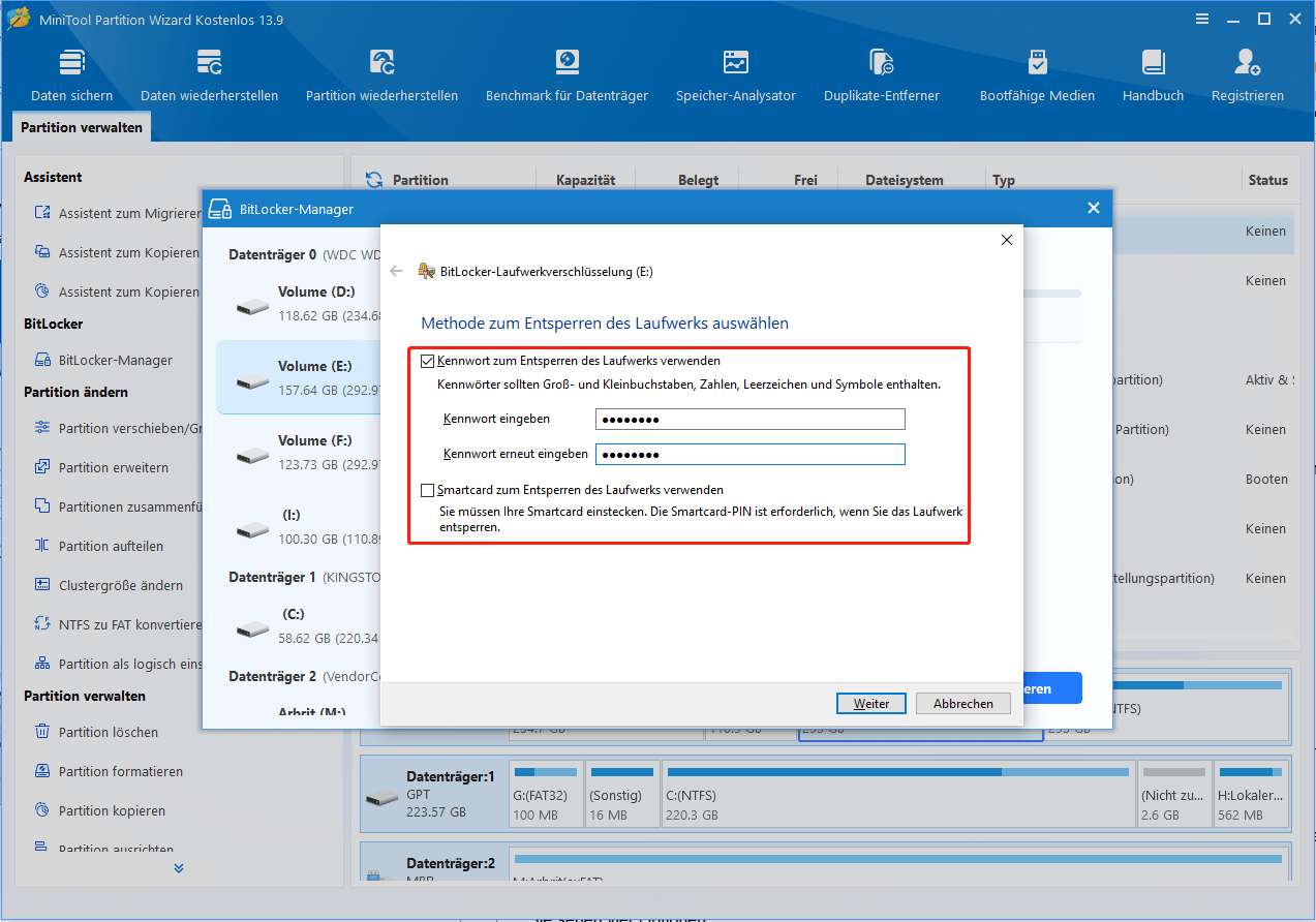 Das Fenster BitLocker-Laufwerkverschlüsselung, in dem Sie auswählen können, wie Sie das Laufwerk entsperren möchten.