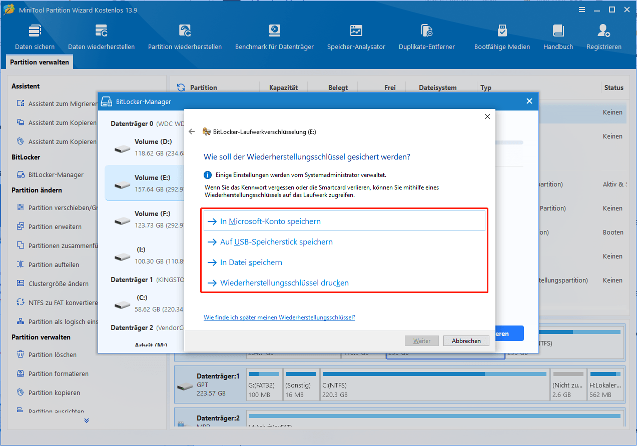Das Fenster BitLocker-Laufwerkverschlüsselung, in dem Sie eine Methode zum Speichern des Wiederherstellungsschlüssels auswählen können.