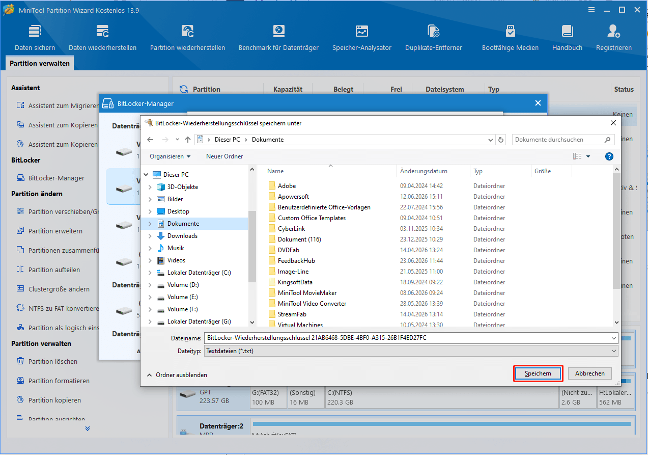 Das Fenster BitLocker-Laufwerkverschlüsselung, in dem Sie einen Speicherort zum Speichern des Wiederherstellungsschlüssels auswählen können.