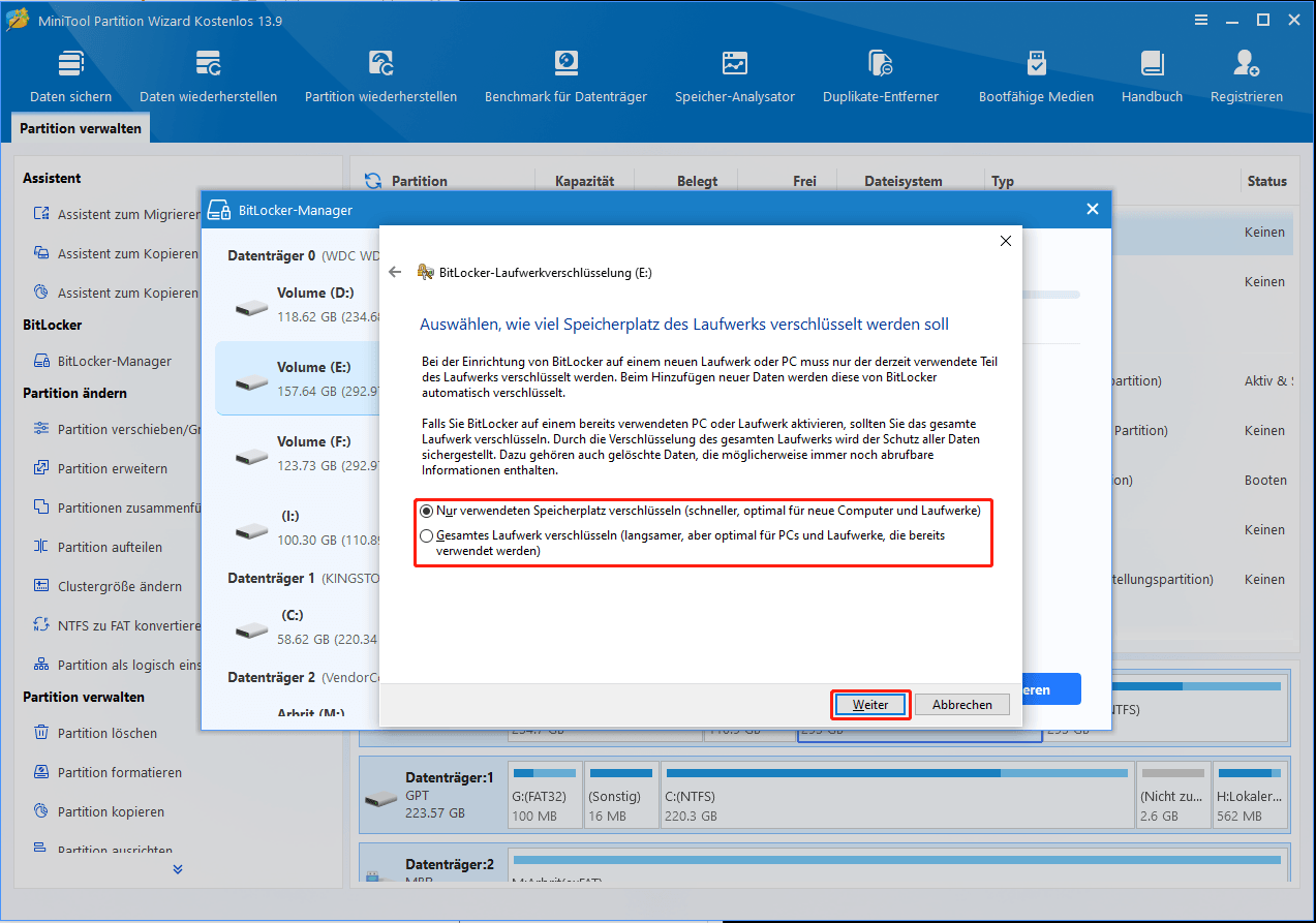 Das Fenster BitLocker-Laufwerkverschlüsselung, in dem Sie auswählen können, wie viel von Ihrem Laufwerk verschlüsselt werden soll.