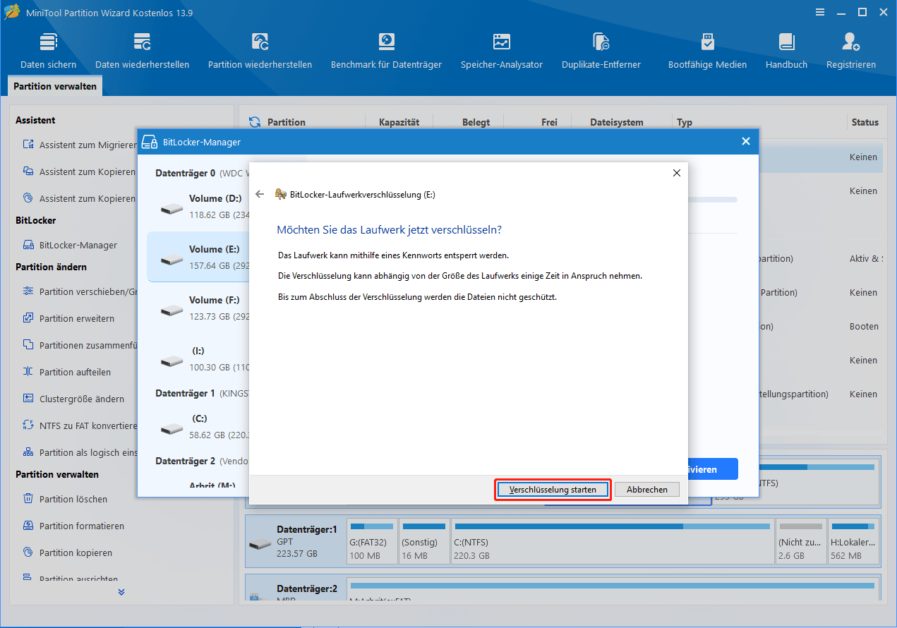 Das Fenster BitLocker-Laufwerkverschlüsselung, in dem die Schaltfläche Verschlüsselung starten hervorgehoben ist.