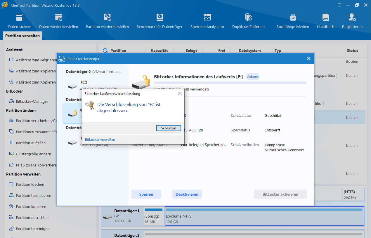 Das Fenster BitLocker-Laufwerkverschlüsselung zeigt an, dass die Verschlüsselung abgeschlossen ist.