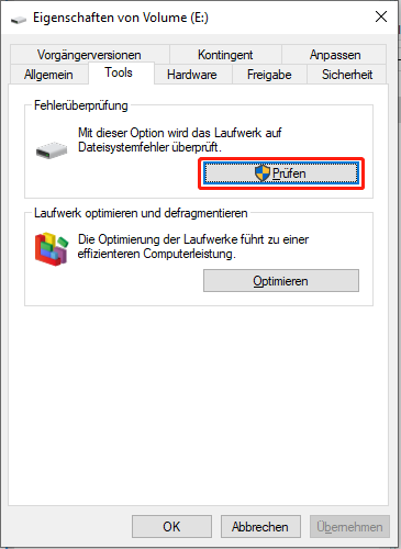 Auswahl der Schaltfläche „Prüfen“ zum Starten der Überprüfung auf Festplattenfehler.