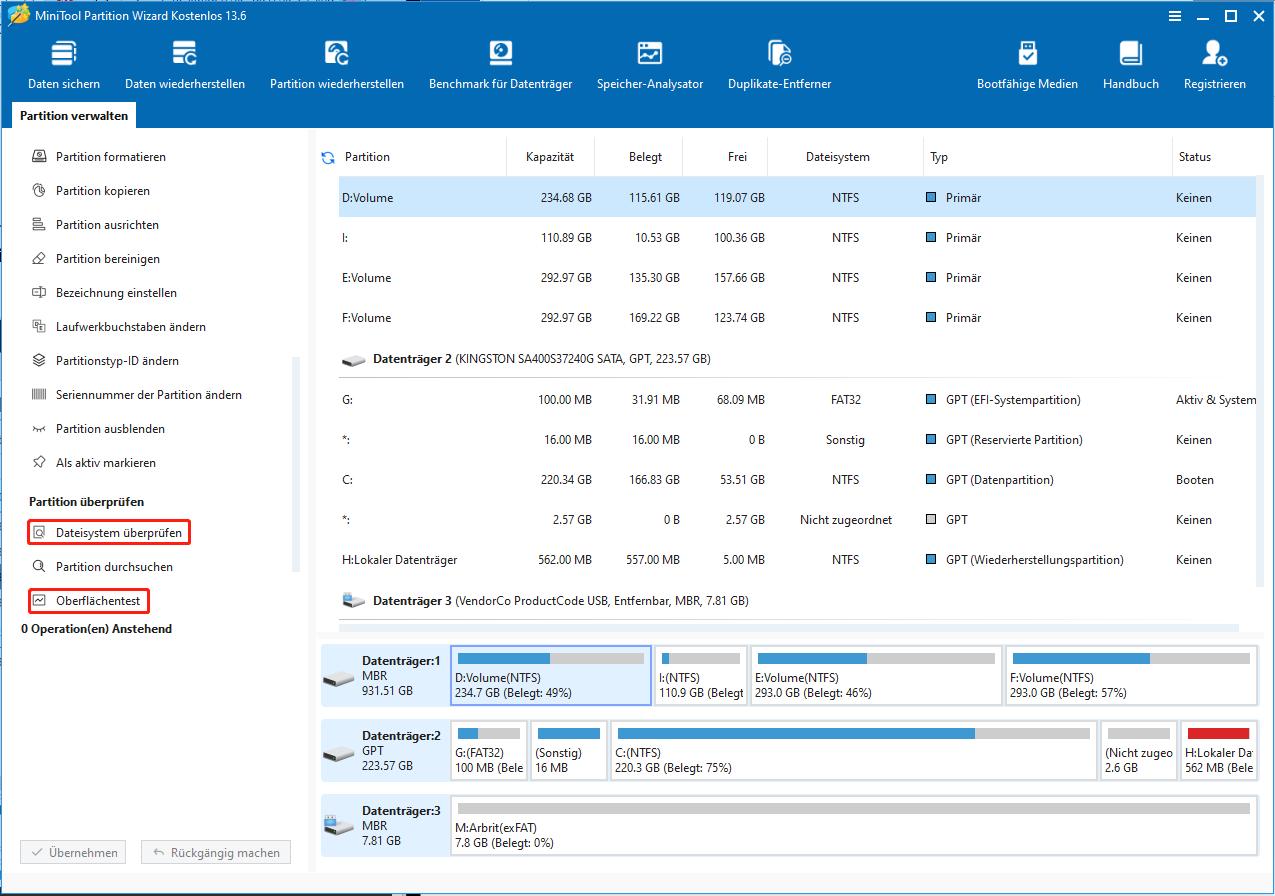 Auswahl der Option Dateisystem überprüfen oder Oberflächentest in MiniTool Partition Wizard entsprechend dem Bedarf.