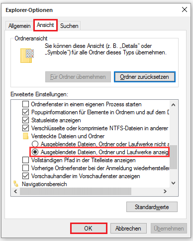 Ausgeblendete Dateien, Ordner und Laufwerke anzeigen