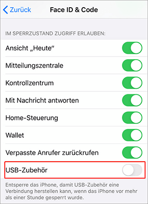 Aktivierung von USB-Zubehör, um den Anschluss von USB-Zubehör ohne Entsperren des iOS-Geräts zu ermöglichen.