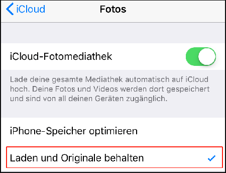 Auswahl von Laden und Originale behalten anstelle von iPhone-Speicher optimieren.