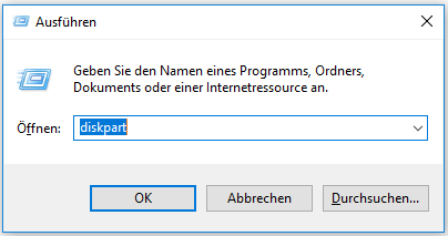 Diskpart in das Textfeld von Ausführen eingeben