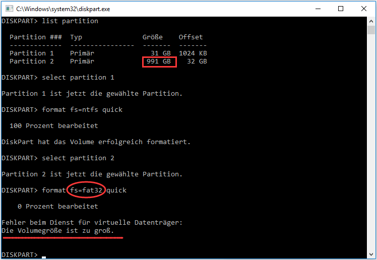 format fs=fat32 quick