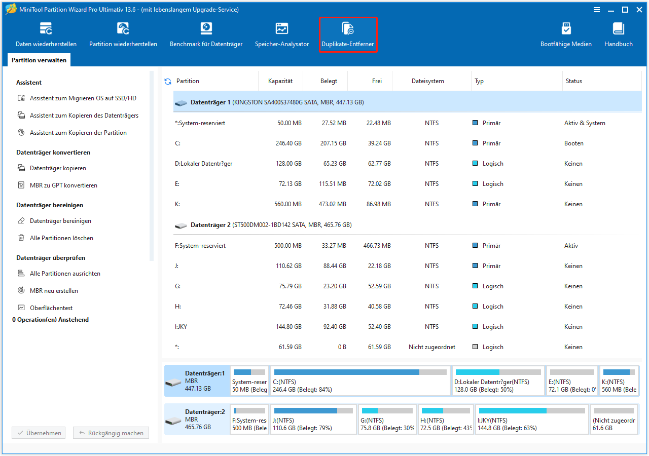 MiniTool Partition Wizard mit der ausgewählten Option Duplikate-Entferner.