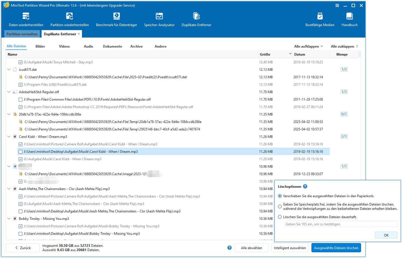 Die Option Ausgewählte Dateien löschen und OK in der unteren rechten Ecke der Benutzeroberfläche von MiniTool Partition Wizard.