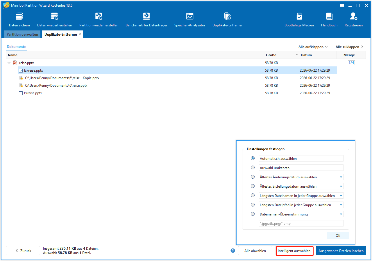 Mit MiniTool Partition Wizard die doppelten PPT-Dateien anzeigen.