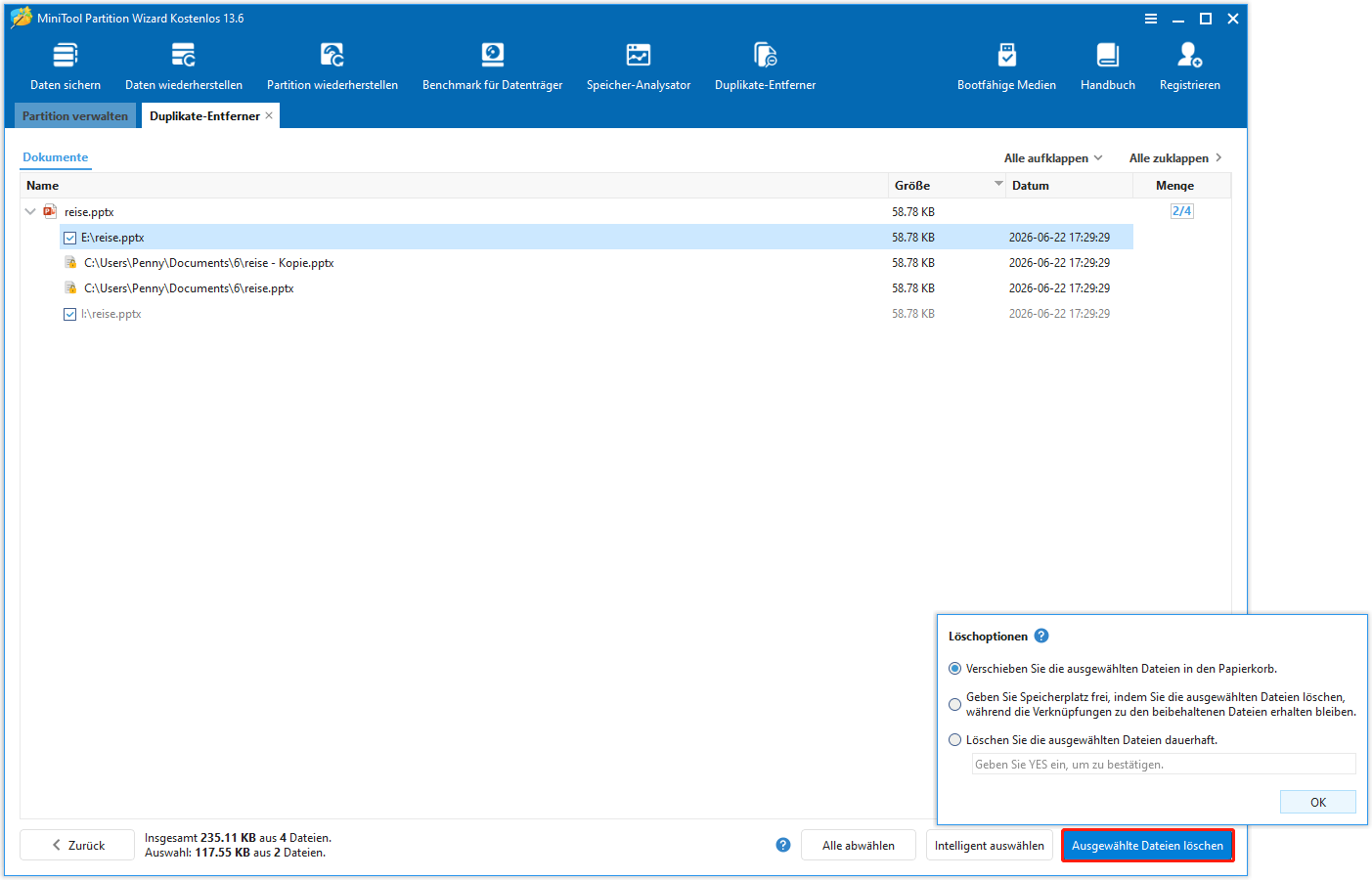 Die Option Ausgewählte Dateien löschen befindet sich in der unteren rechten Ecke der Benutzeroberfläche von MiniTool Partition Wizard.