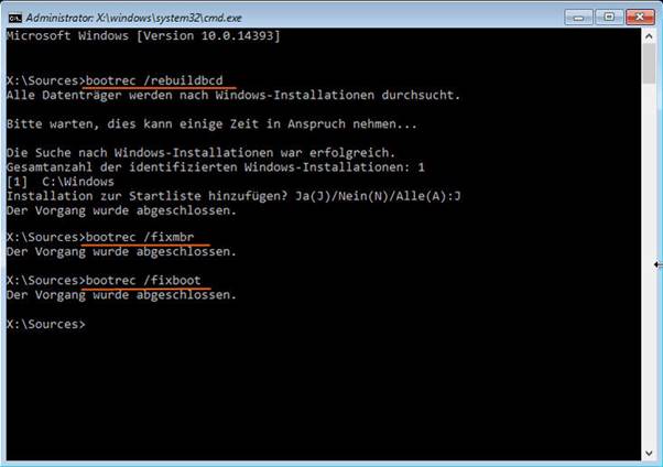 Eingabe der Befehle in der Eingabeaufforderung zur Behebung von Windows-10-Startproblemen im Zusammenhang mit dem MBR.