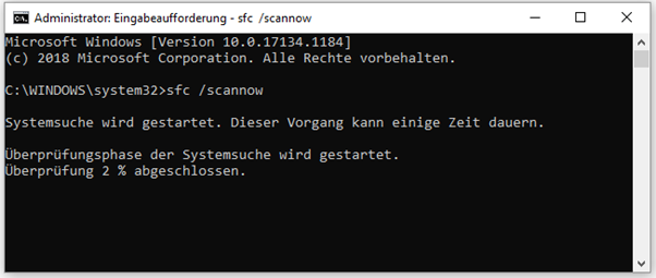 Eingabe der Befehlszeile „sfc /scannow“ in die Eingabeaufforderung und Betätigung der Eingabetaste.