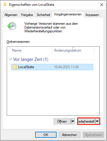 Auf Wiederherstellen klicken, um verlorene Kurznotizen im LocalState-Ordner wiederherzustellen.