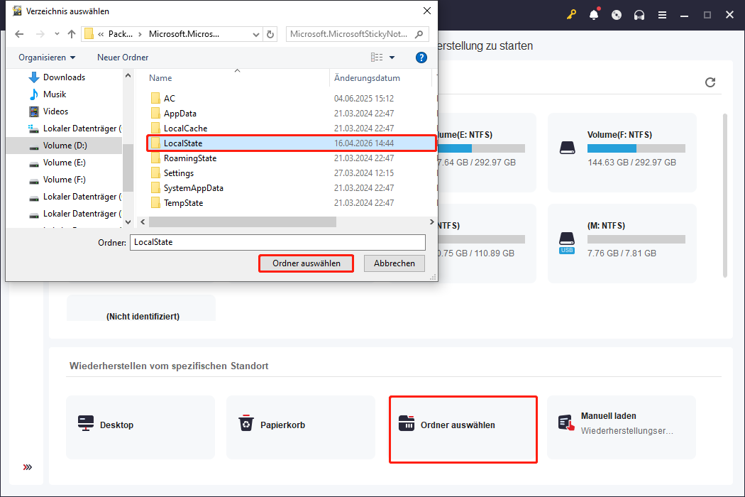 Auf Ordner auswählen klicken, um die .snt/.sqlite-Datei in MiniTool Power Data Recovery zu scannen.