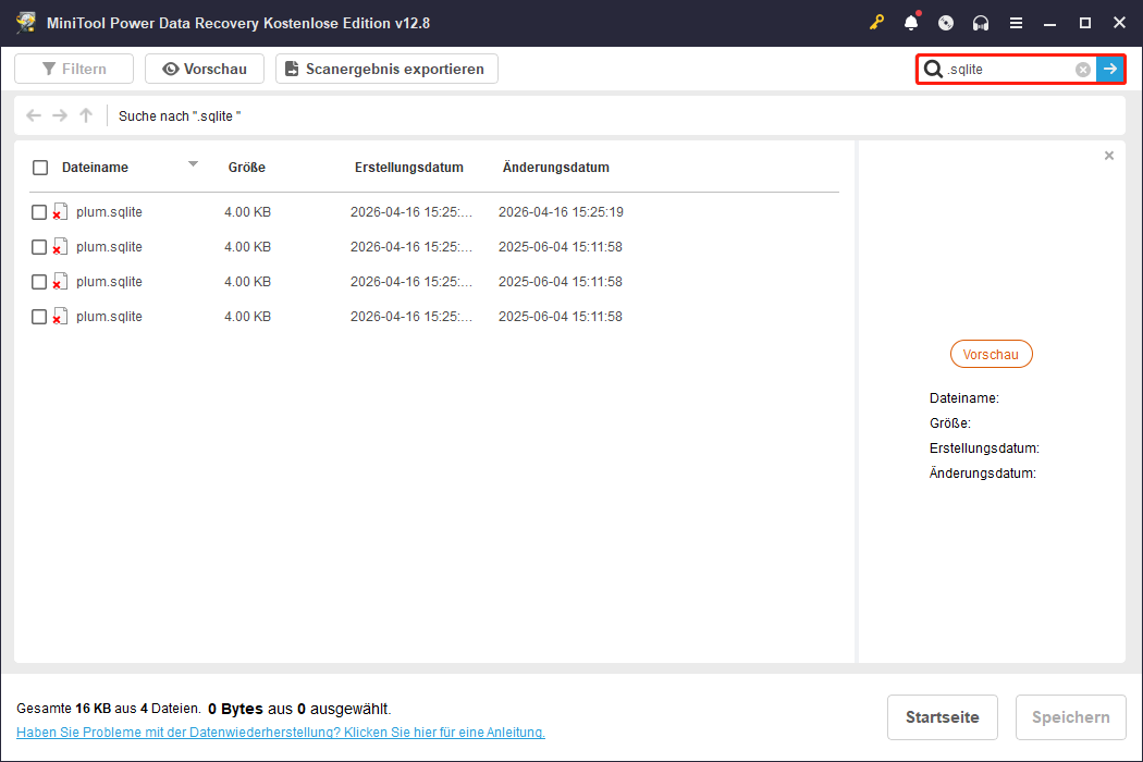 plum.sqlite-Datei in MiniTool Power Data Recovery suchen.