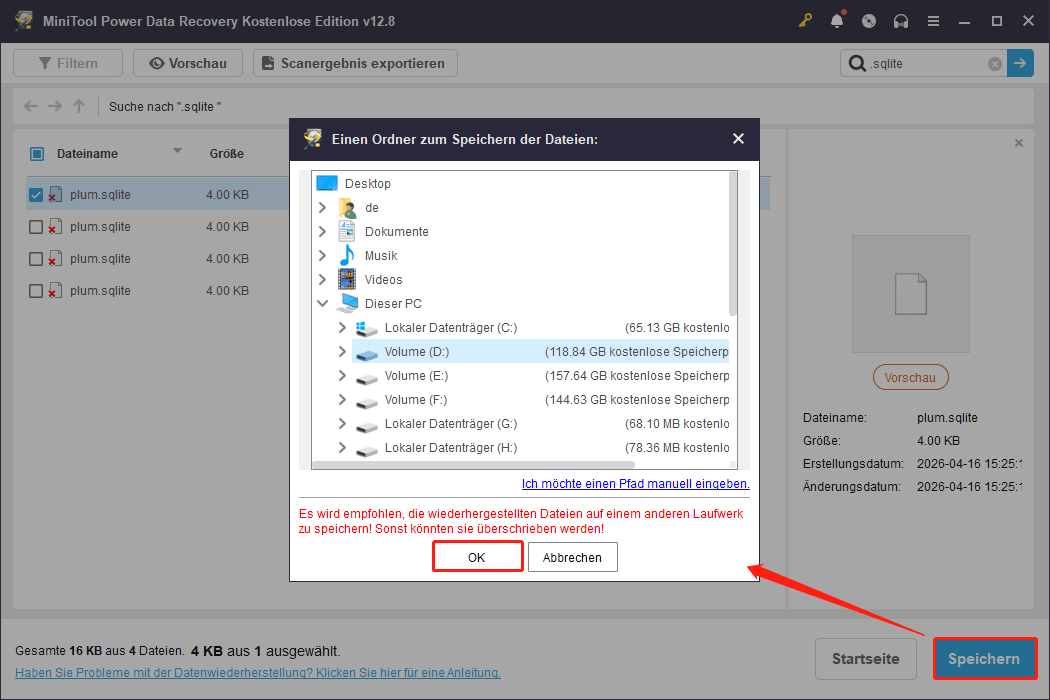 plum.sqlite-Datei in MiniTool Power Data Recovery speichern.