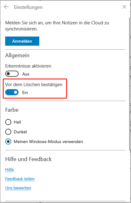Löschbestätigung aktivieren.