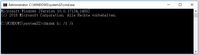 Geben Sie als nächstes den Befehl chkdsk /f /r mit dem Laufwerksbuchstaben der SD-Karte ein.