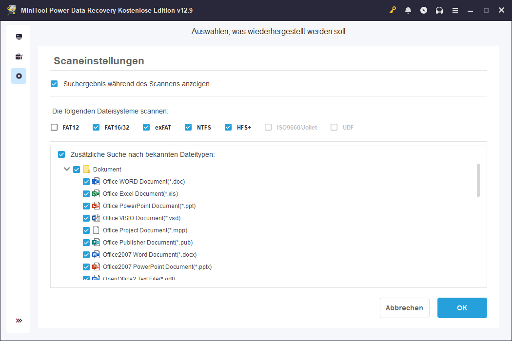 Die Scaneinstellungen in MiniTool Power Data Recovery.