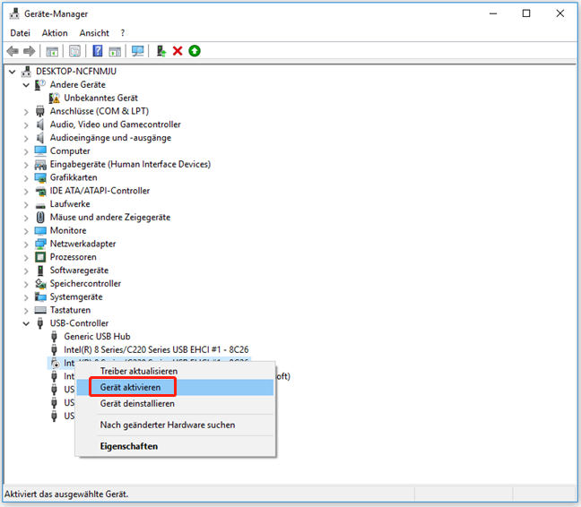 Rechtsklick auf den USB-Controller und Auswahl der Option „Gerät aktivieren“ im Kontextmenü.