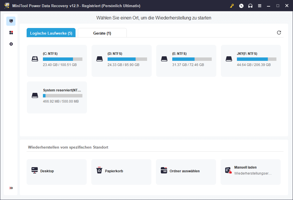 Die Hauptoberfläche von MiniTool Power Data Recovery