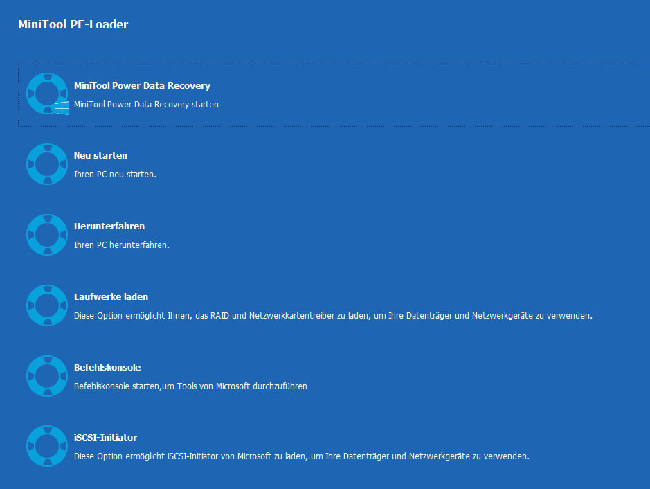 Auswahl der ersten Option im Fenster „MiniTool PE-Loader“ zum korrekten Start von MiniTool Power Data Recovery