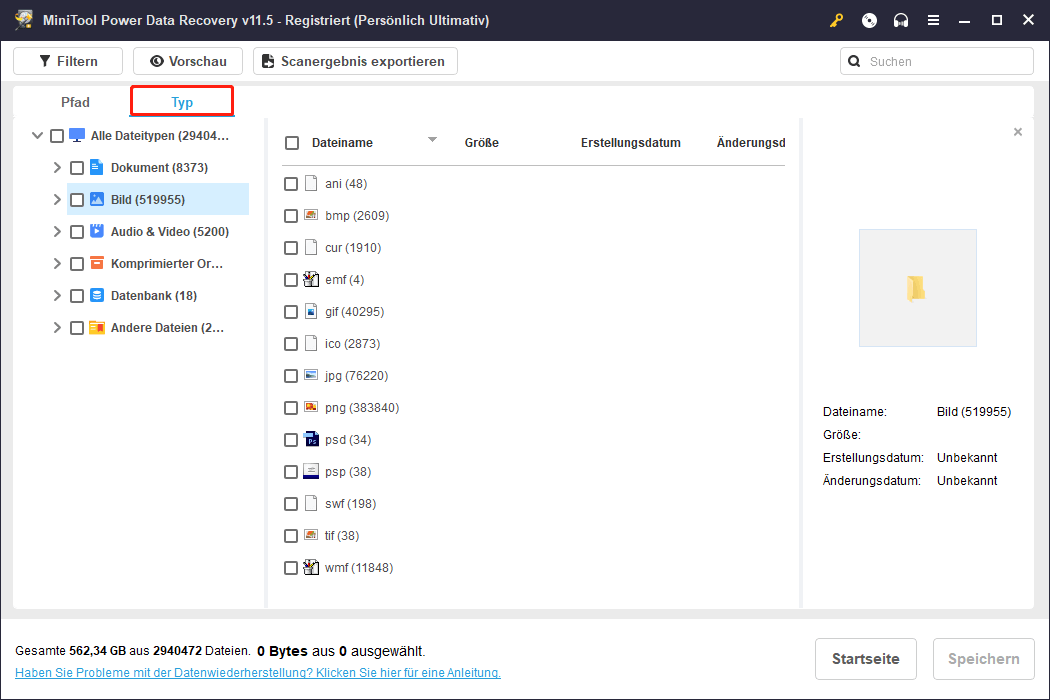 Die Kategorie Typ in MiniTool Power Data Recovery