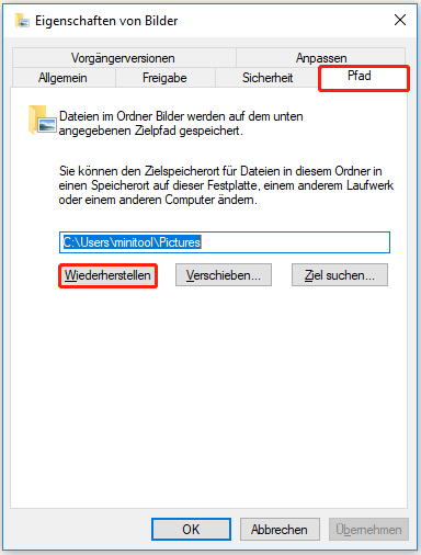 im Eigenschaftsfenster zur Registerkarte Pfad wechseln und auf die Option Wiederherstellen klicken