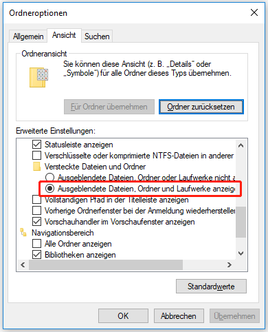 das Kontrollkästchen neben Ausgeblendete Dateien, Ordner und Laufwerke anzeigen aktivieren