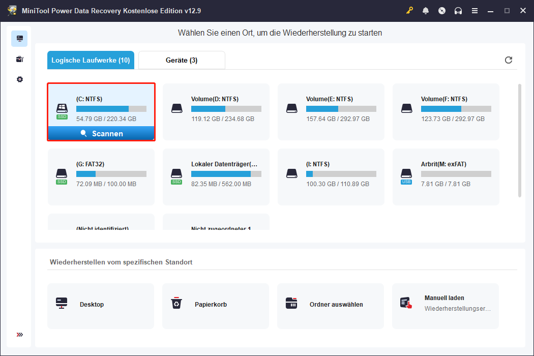 Auswahl des Ziellaufwerks auf der Startseite von MiniTool Power Data Recovery, auf dem sich die gelöschten oder verlorenen Screenshots befinden sollten.