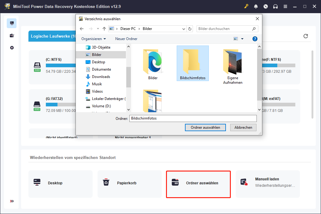Auswahl der Schaltfläche „Ordner auswählen“ in MiniTool Power Data Recovery und Auswahl des Ordners „Screenshots“ für einen gezielten Scan.