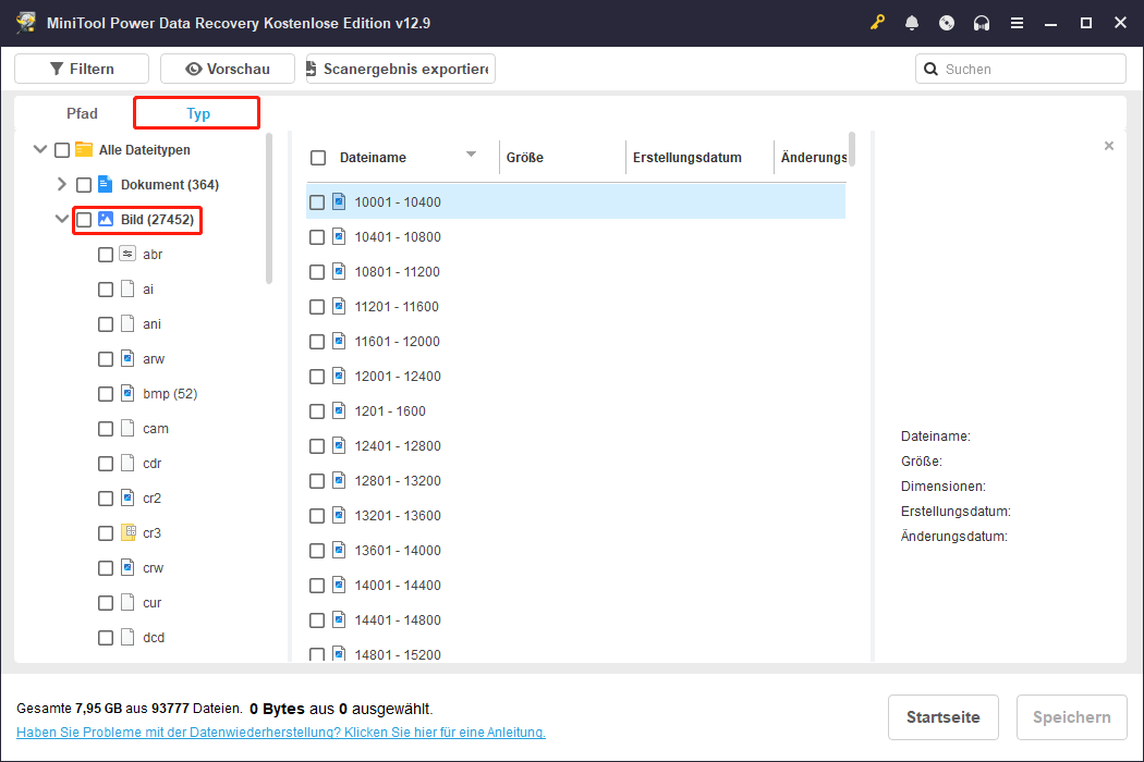 Wechsel zur Kategorie „Typ“ in MiniTool Power Data Recovery zur Anzeige von Bildern.