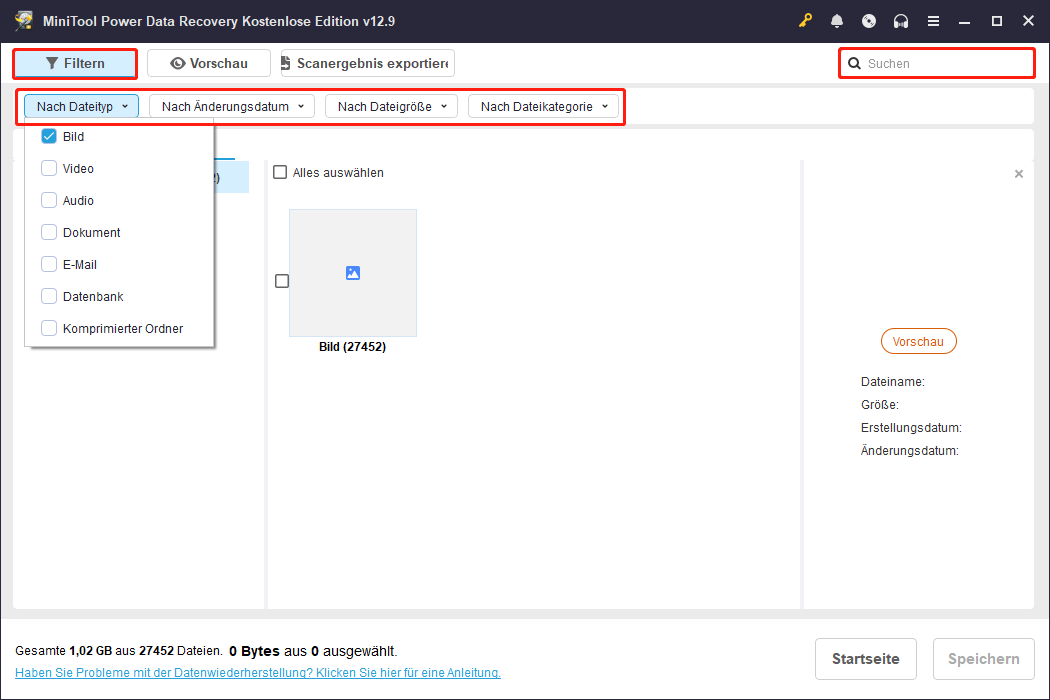 Verwendung der Funktionen „Filter“ und „Suchen“ in MiniTool Power Data Recovery zur schnellen Lokalisierung gewünschter Dateien.
