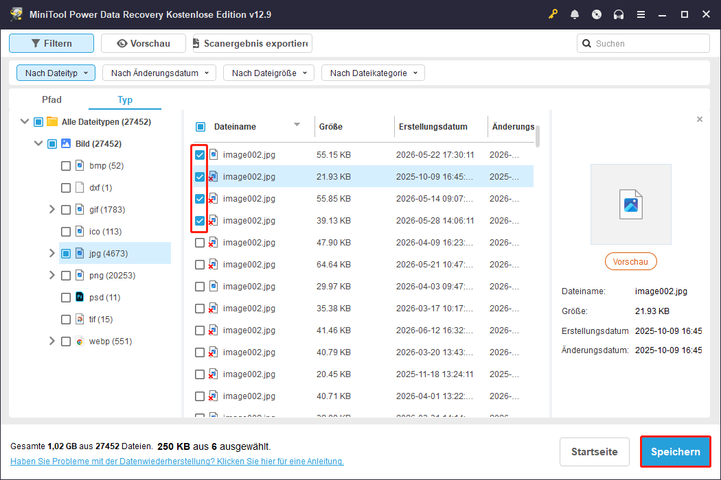 Auswahl aller benötigten Screenshots und Auswahl der Schaltfläche „Speichern“ in MiniTool Power Data Recovery zum Speichern der ausgewählten Elemente.