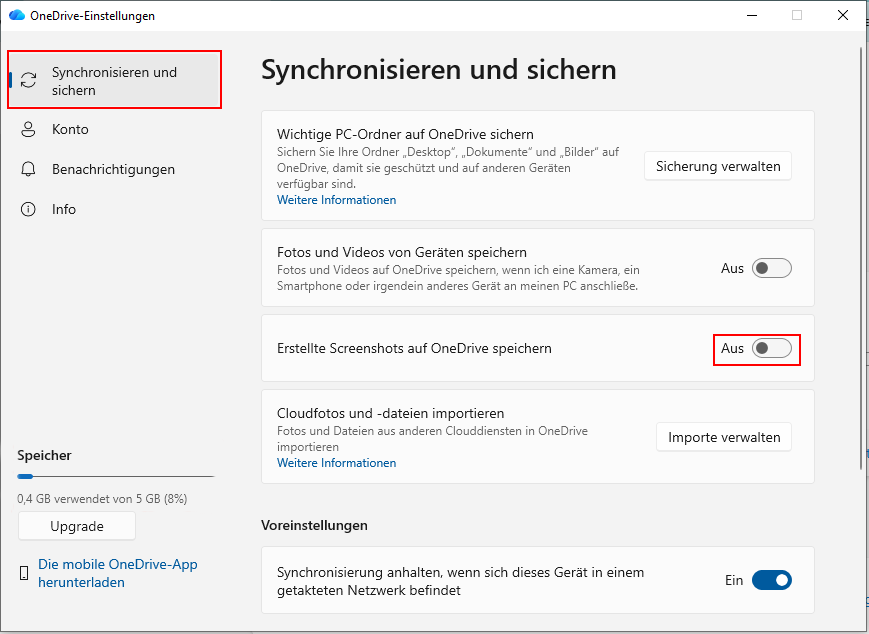 OneDrive Screenshot-Speicherung deaktivieren.