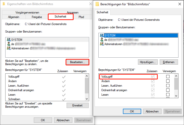Änderung der Berechtigungen des Ordners Screenshots.