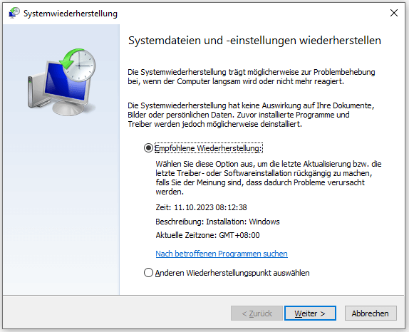Systemwiederherstellung Windows 10/11.