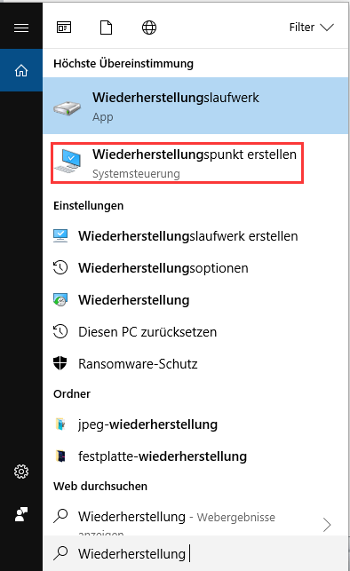 Wiederherstellungspunkt erstellen