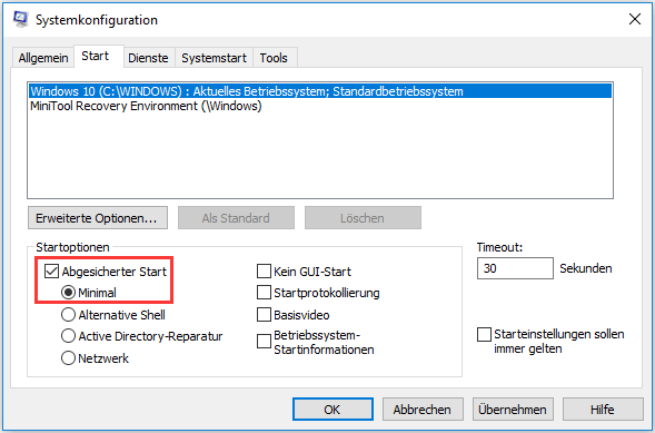 Kreuzen Sie Abgesicherter Start und Minimal an.