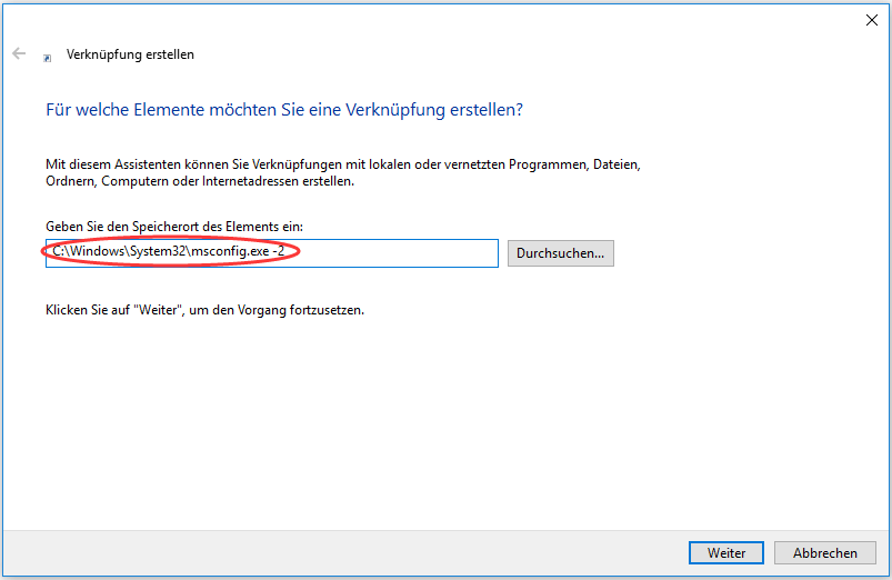fügen Sie C:WindowsSystem32msconfig.exe -2 in die Blackbox ein.