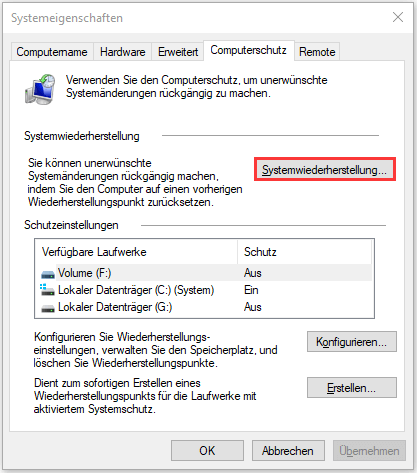 Unter die Option Computerschutz wählen Sie bitte Systemwiederherstellung.
