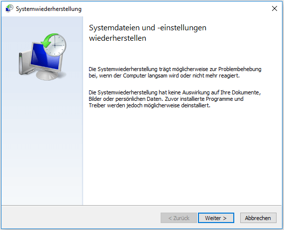 Die Schnittstelle von Systemwiederherstellung.