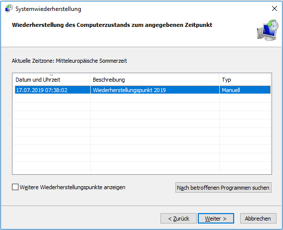 Wiederherstellung des Computerzustands zum angegebenen Zeitpunkt.