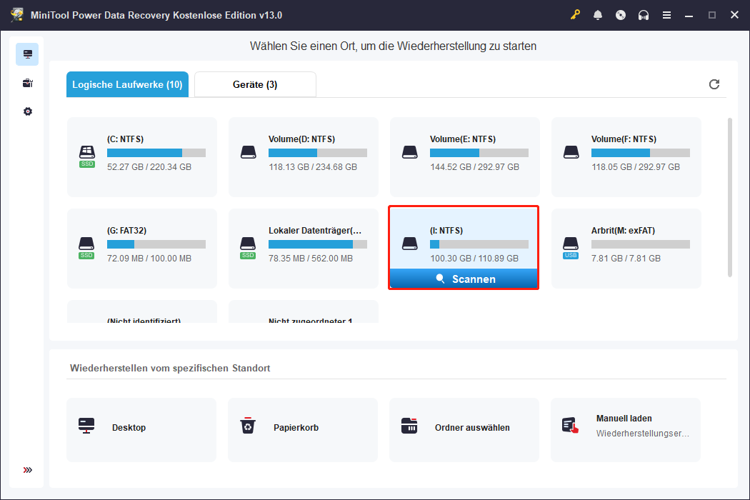 Wählen Sie das Ziellaufwerk in MiniTool Power Data Recovery aus und drücken die Schaltfläche Scannen, um fortzusetzen.